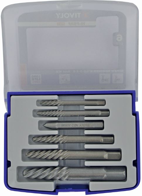 11111070001_1 Tivoly tappide ja kruvide ekstraktorite komplekt – 6-osaline (ekstraktorid nr 1–5 + X-Out Ø2–8 mm), HRC-karastatud teras