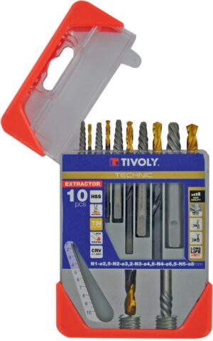 11901170052_1 Tivoly ekstraktorite ja puuride komplekt – 10-osaline, tappide ekstraktorid N1–N5 + TiN-kattega HSS-puurid Ø 2,8–8 mm, kolmnurkvars, hall karp