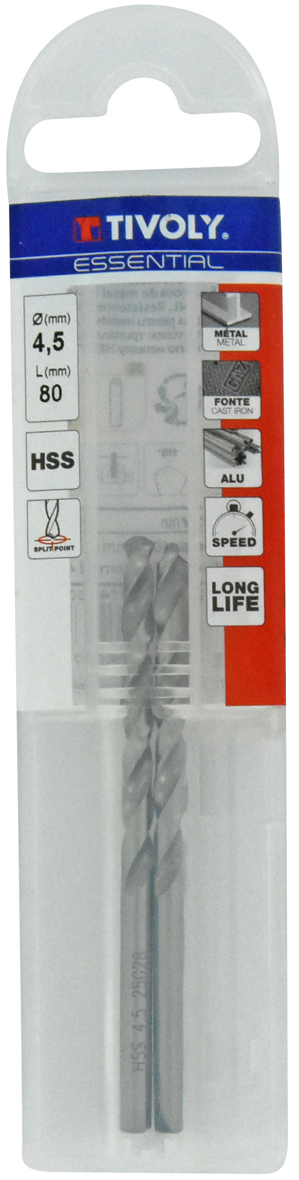 3221910205997_1 Metallipuurid 4.5 mm, HSS, üleni lihvitud, Tipunurk terav (split point) 118°, 2tk, jaepakend