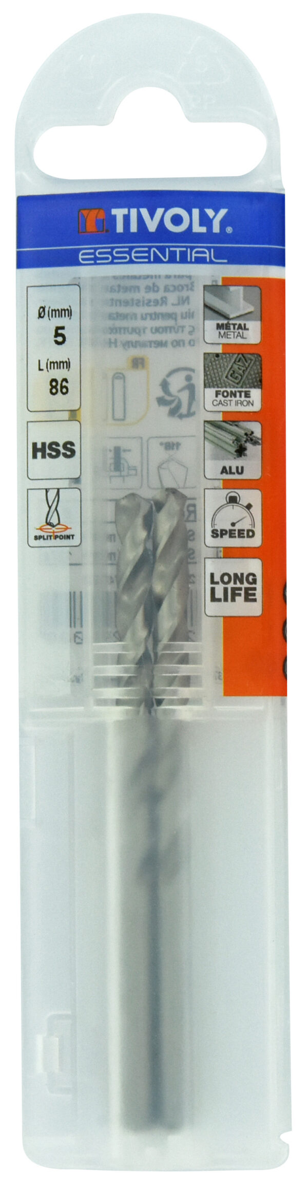 3221910206000_1 Metallipuurid 5.0 mm, HSS, üleni lihvitud, Tipunurk terav (split point) 118°, 2tk, jaepakend