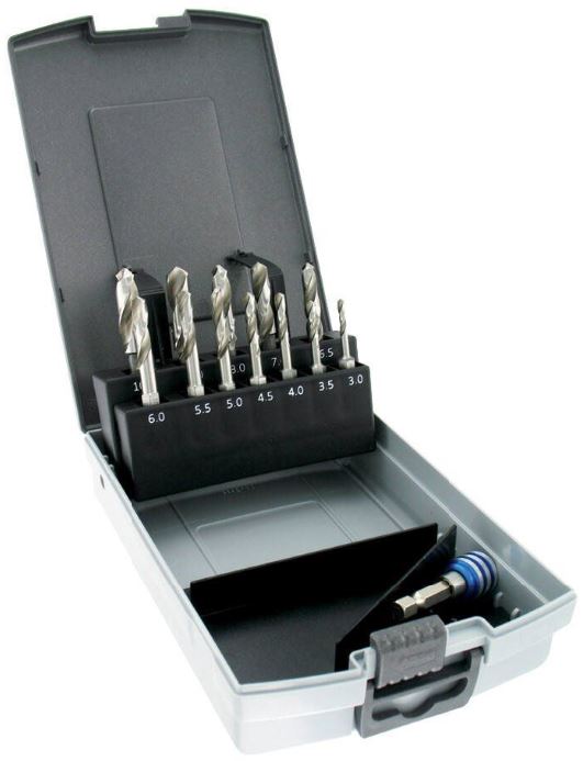 3221910881580_1 Metallipuuride komplekt 3-10mm, HSS, 1/4" kuuskant saba, 12 puuri + otsaku hoidja