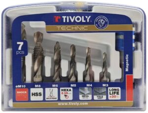 3221910881658_1 Tivoly kombineeritud keermestuskomplekt – 7-osaline, M3–M10, HSS, kuusnurkne vars, 3-ühes puuri-keermesta-faasi tööriist