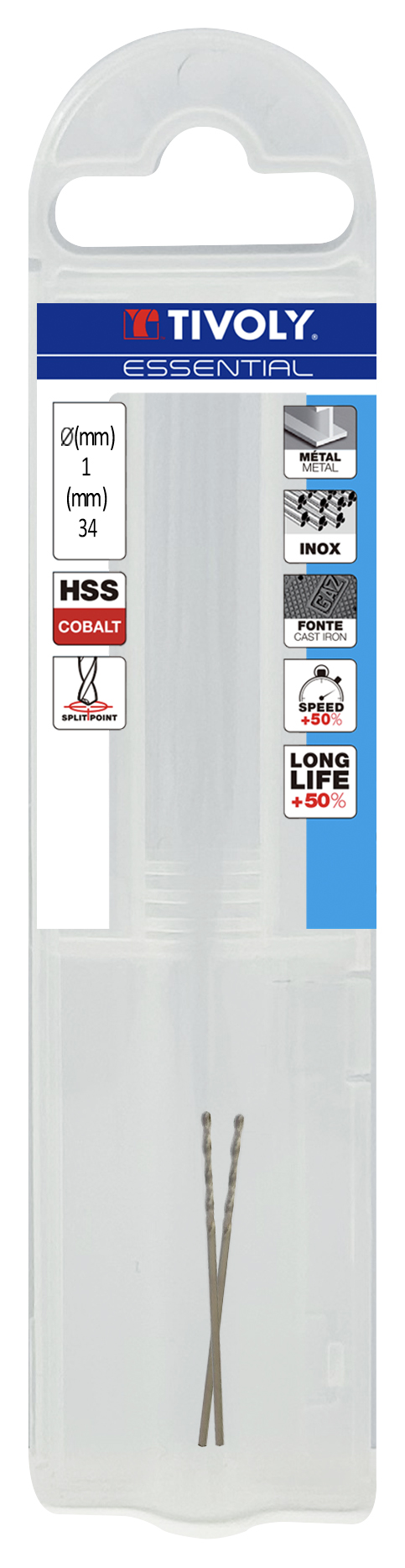 3221912002259_1 Metallipuurid 1.0mm, HSS-Co, üleni lihvitud. Tipunurk terav (split point) 135°. T Line, jaepakend, 2tk