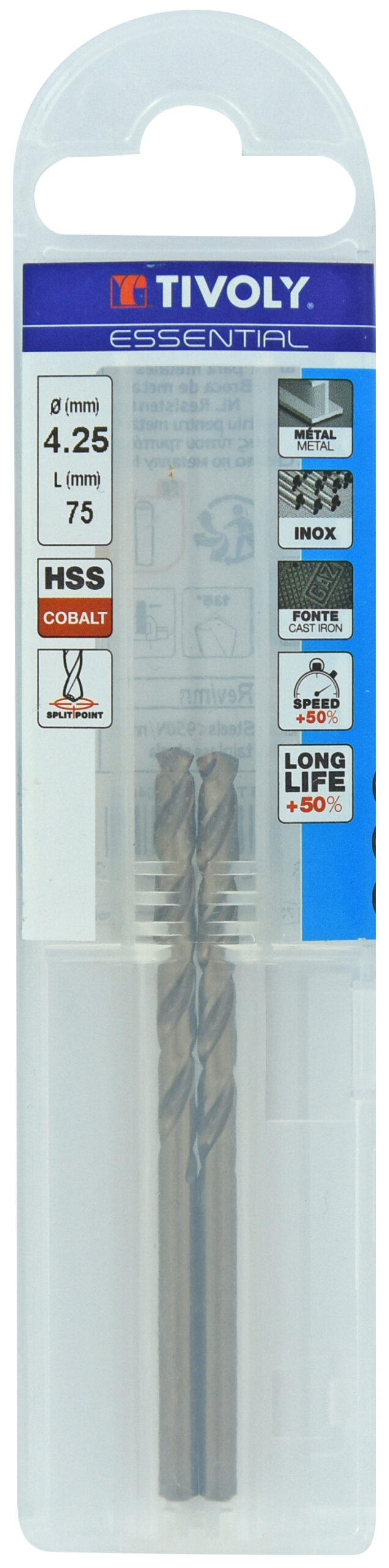 3221912002341_1 Metallipuurid 4.25mm, HSS-Co, üleni lihvitud. Tipunurk terav (split point) 135°. T Line, jaepakend, 2tk