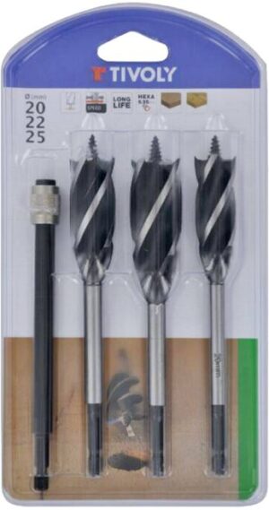 3221912013170_1 Tivoly puidupuuride komplekt – 4-lõikeservaga tera, Ø20–25 mm, 3 puuri + pikendus