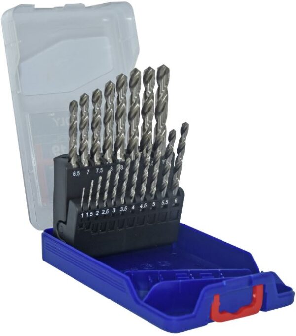 3221912016485_1 Tivoly metallipuuride komplekt – 19-osaline Ø1–10 mm (0,5 mm sammuga), "split point", 30° N-spiraaliga, HSS, silindriline vars