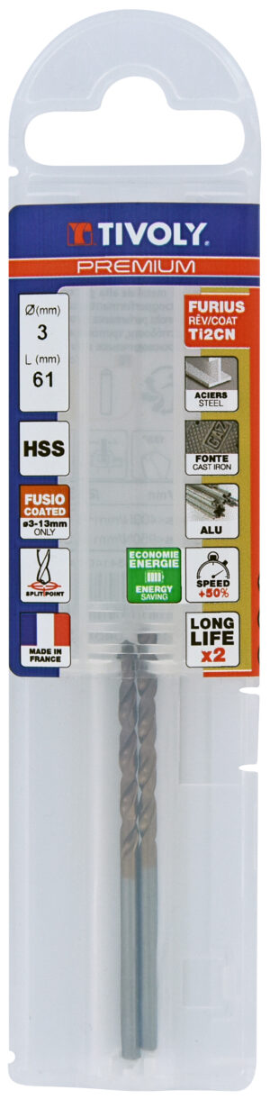 3221912045645_1 Metallipuur 3.0mm, FURIUS HSS, Ti2CN FUSIO, üleni lihvitud, Tipunurk terav (split point) 135°, jaepakend, 2tk pakis