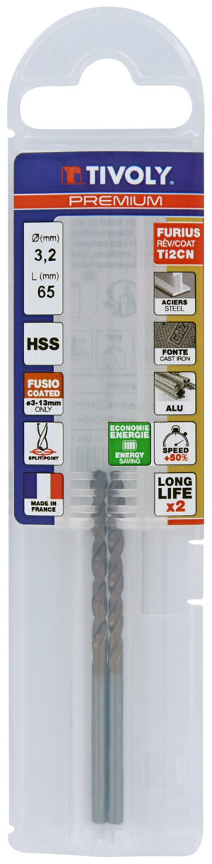 3221912045652_1 Metallipuur 3.2mm, FURIUS HSS, Ti2CN FUSIO, üleni lihvitud, Tipunurk terav (split point) 135°, jaepakend, 2tk pakis