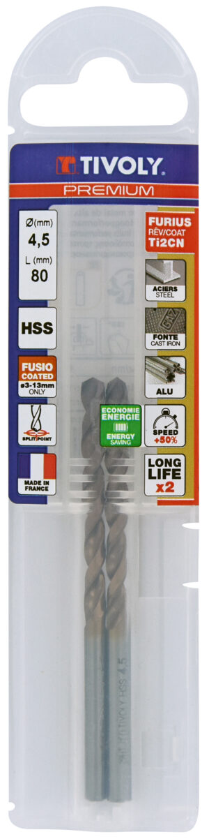3221912045690_1 Metallipuur 4.5mm, FURIUS HSS, Ti2CN FUSIO, üleni lihvitud, Tipunurk terav (split point) 135°, jaepakend, 2tk pakis
