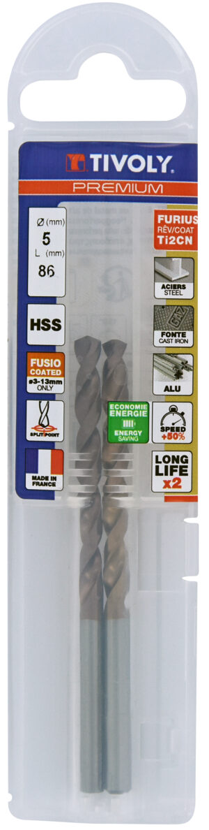 3221912045706_1 Metallipuur 5.0mm, FURIUS HSS, Ti2CN FUSIO, üleni lihvitud, Tipunurk terav (split point) 135°, jaepakend, 2tk pakis