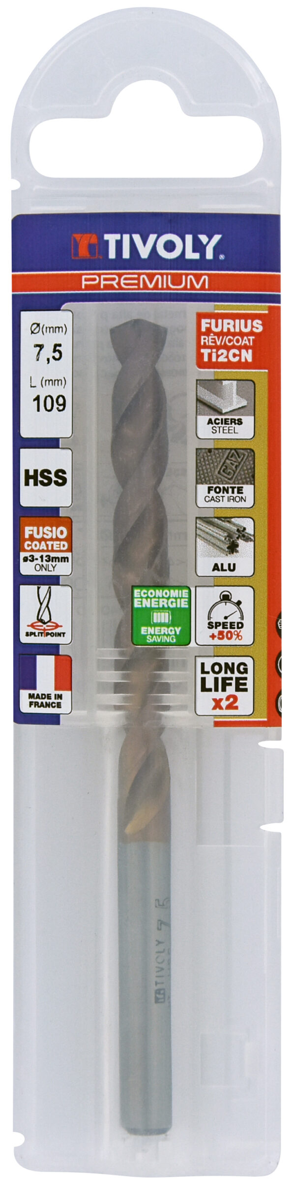 3221912045768_1 Metallipuur 7.5mm, FURIUS HSS, Ti2CN FUSIO, üleni lihvitud, Tipunurk terav (split point) 135°, jaepakend