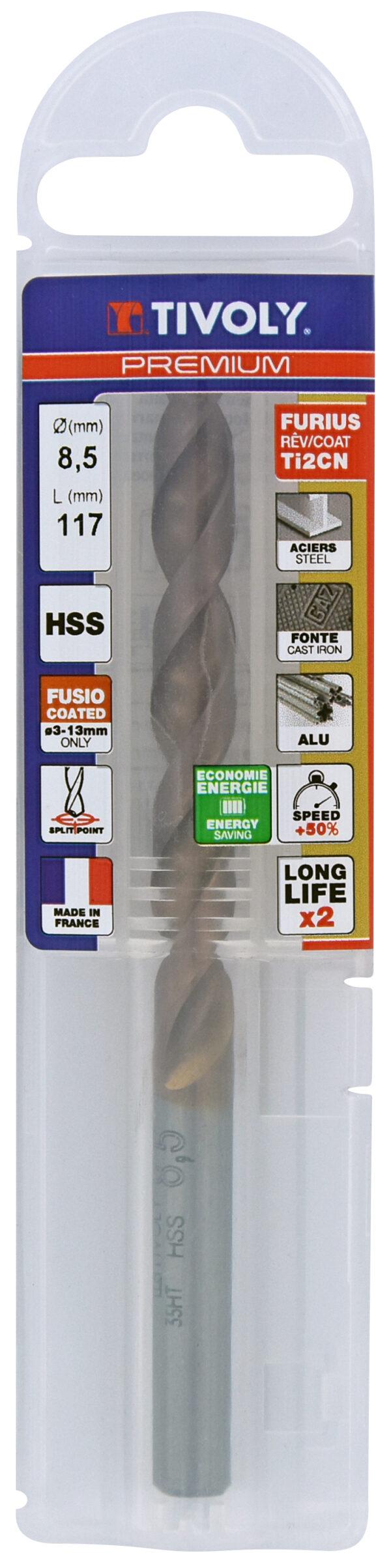 3221912045782_1 Metallipuur 8.5mm, FURIUS HSS, Ti2CN FUSIO, üleni lihvitud, Tipunurk terav (split point) 135°, jaepakend