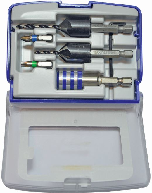 3221912117489_1 Puidupuuride ja süvistite komplekt (terrassile), 7 osa - Ø3 & Ø4, magnet otsakuhoidja, 2 otsakut (PZ2, TX25). "Half-box"