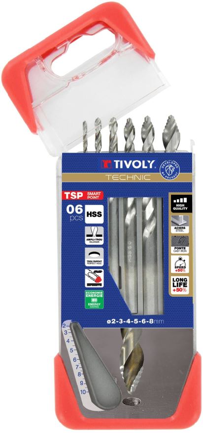 3221912344472_1 Tivoly Smart Point HSS-metallipuuride komplekt – 6-osaline Ø2–8 mm, automaatne tsenterdus ja Smart Point, kolmnurkvars 5 mm, CLIPSTER karp