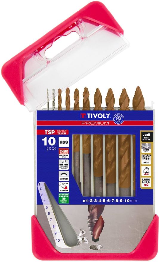 3221912344502_1 Tivoly Smart Point FUSIO metallipuuride komplekt – 10-osaline Ø 1–10 mm, FUSIO-kate HSS, 5 mm kolmnurkvars, automaatne tsenterdus, CLIPSTER karp