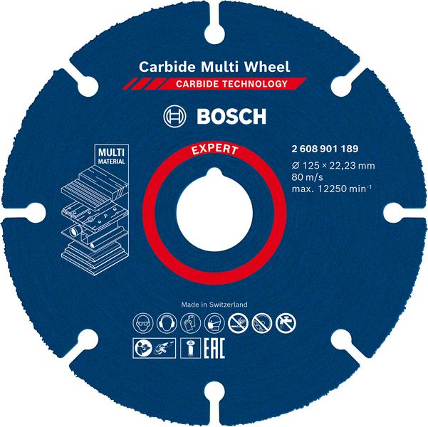 4059952567471_1 Lõikeketas Bosch Carbide MultiWheel 125x1x22.23mm. Sobib puidule, naeltega puidule, plastikule, vasktorudele