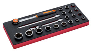 7314150285884 Padrunvõtmete kmpl 1/2" 22 osa 1/3 (8-32mm, 2 pikendust, kardaan, narre) vahtaluses 35x181x445mm