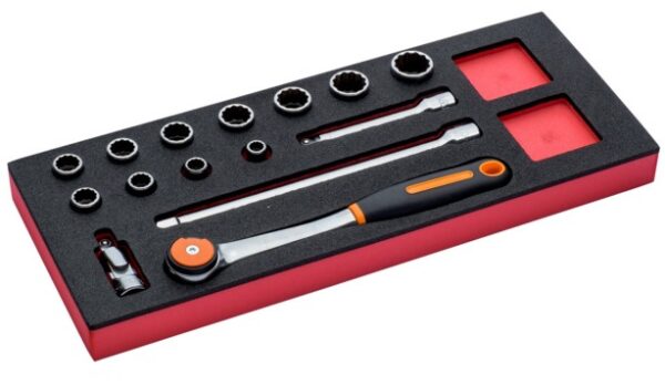 7314150285983_1 Fit&Go 1/3 Foam Inlay 1/2" Socket and Round Head Ratchet Set - 15 Pcs