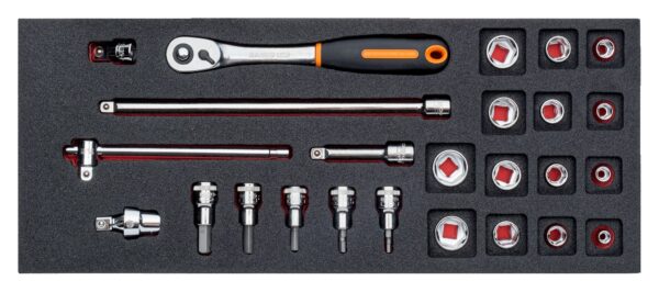 7314150286058_1 3/8" padrunvõtmete ja tarvikute kmpl 25 osa Fit&Go 1/3 vahtaluses
