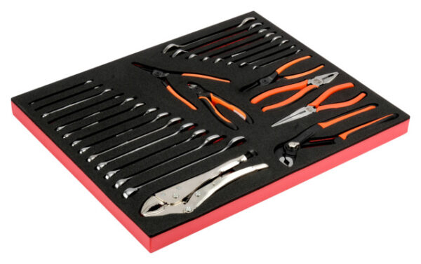 7314150335718 Tööriistade kmpl. 28 osa vahtaluses (lehtsilmusvõtmed 111M 8-22mm, snipe nose, adjustable, circlip, side cutting and curved pliers, 6M double open end spanners 6-22mm) )