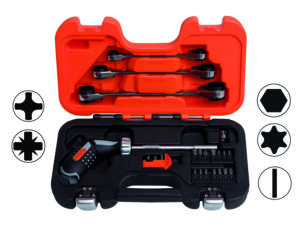 808050P-25 Narrega püstolkäepidemega kruvikeeraja ja otsakud PH,PZ,SL,HEX,Torx + kahepoolsete narre-lehtsilmusvõtmete kmpl 8-19mm 3 osa