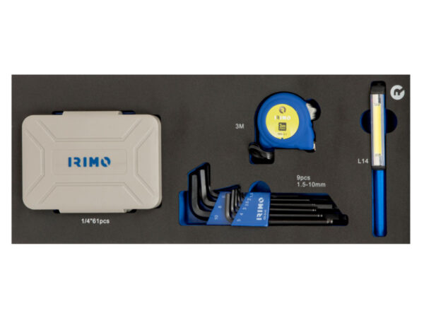 8414909243611 Tööriistade kmpl (kuuskant võtmed, otsakud, mõõdulint, taskulamp) 72 osa 1/3 vahtaluses Irimo