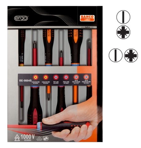 BE-9884S Elektriku kruvikeerajate kmpl. ERGO™ 6 osa - SL3,0/4,0; PZ1/2; Combi PZ1/SL5, PZ2/SL6 - 1000V VDE