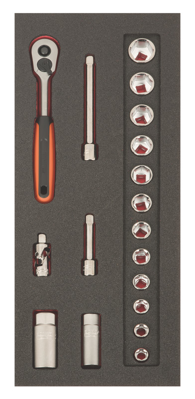 FF1E2106EH 3/8" Padrunvõtmete kmpl 18 osa Fit&Go 1/3 - narre - padrunvõtmed 10-22mm - 2x pikendused - kardaan - küünlavõtmed 16mm, 21mm