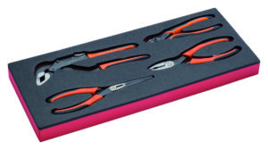 FF1E4001 Ergo tangide komplekt 4 osa kahevärvilises vahtaluses (külglõike-, näpits-, koonusmokk- ja kullinokktangid)