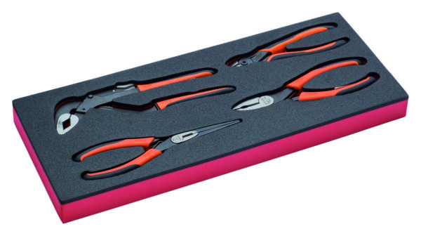 FF1E4001 Ergo tangide komplekt 4 osa kahevärvilises vahtaluses (külglõike-, näpits-, koonusmokk- ja kullinokktangid)