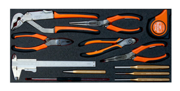 FF3A11 Lõike- ja liugühendusega tangid, näpitsad, tornid, nihik ja mõõdulint vahtaluses 12 osa tööriistakasti 1483K ha 1483KHD