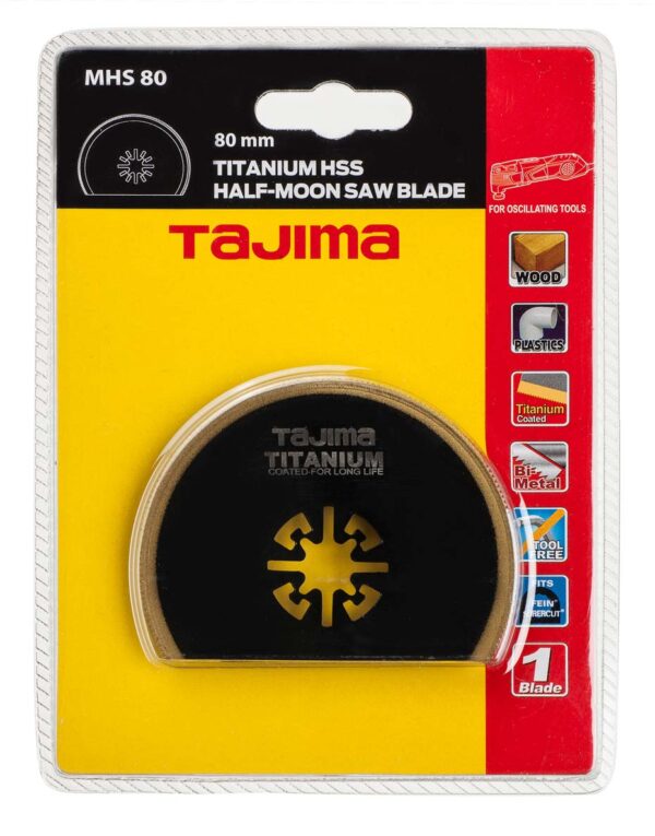 MHS80-1 Tajima multitööriista HSS saetera titaanium kattega puidule, plastikule ja metallile, poolkuu 80mm