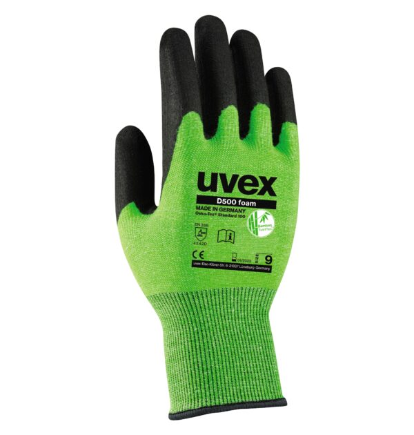 UV6060409 Safety gloves Uvex D500 foam, cut level D/5,Bamboo, Dyneema, steel, polyamide. HPE coating, green, size 9